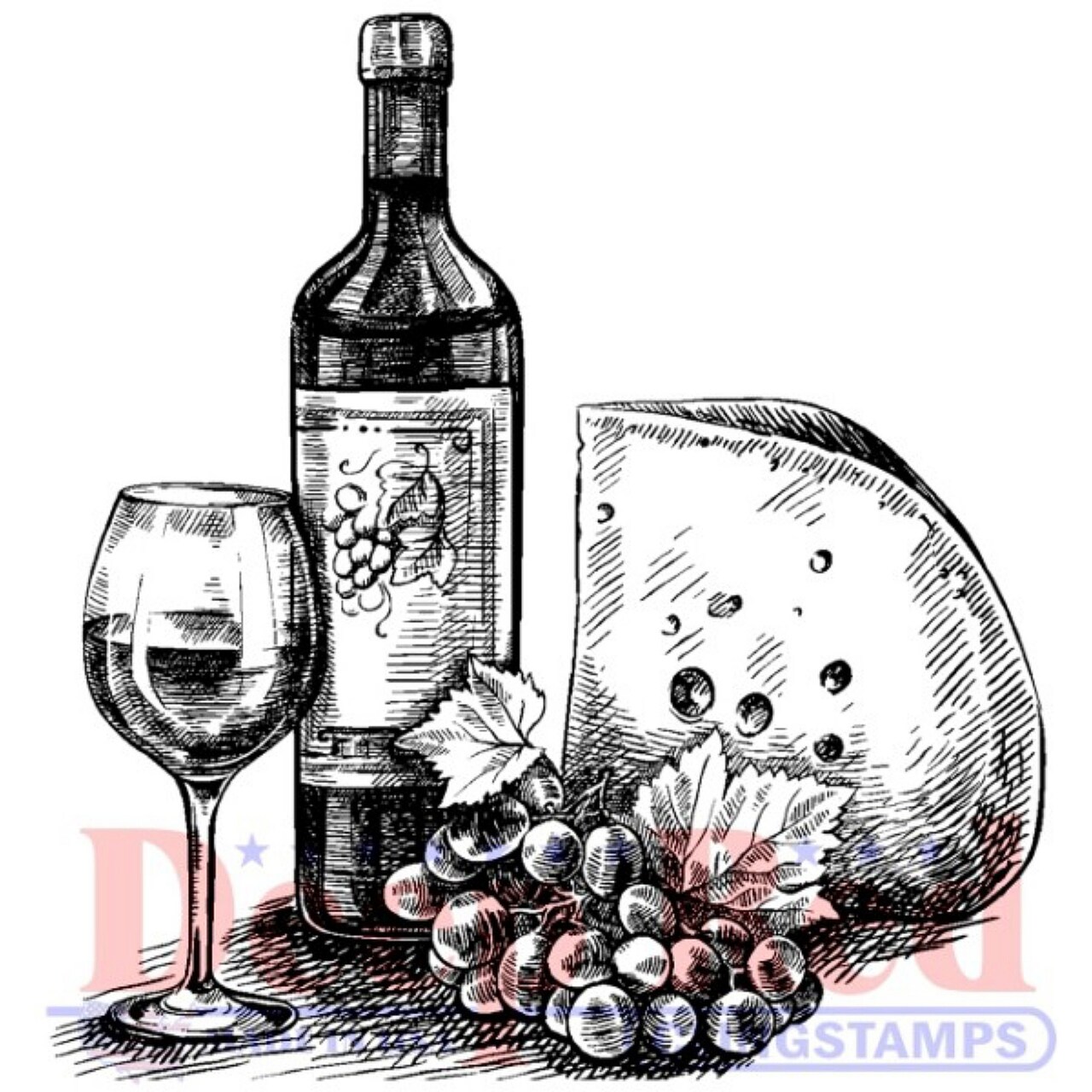 Deep Red Stamps Wine and Cheese Rubber Cling Stamp 2 x 2.1 inches